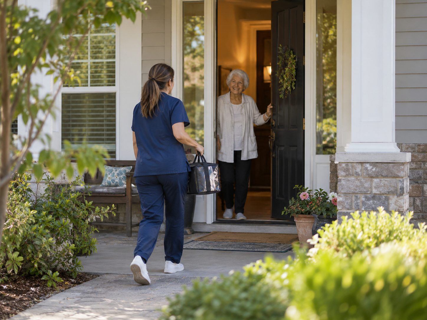 A caregiver walks up the front path toward an older woman waiting at her open front door