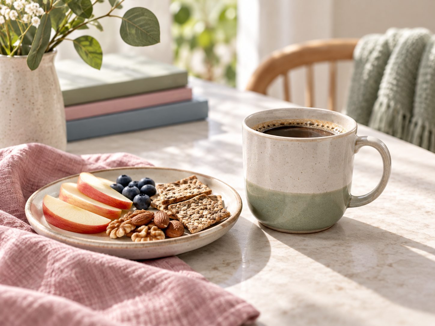 A mug of coffee and a small plate of sliced apple and nuts on a kitchen table